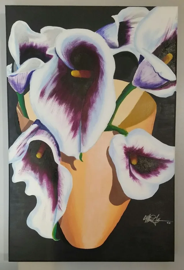 A multicolored leaf against a yellow, pink, and violet background, painted by Myke