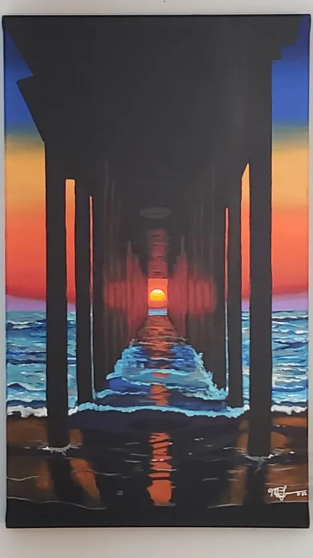 A tall painting of yellow and orange sunflowers by Myke