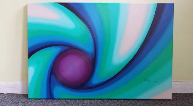 A flowing abstract composition in violet, silver-gray, white, and black